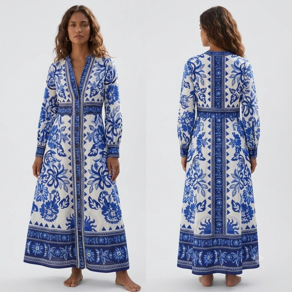 NEW Caroline Constas Blue White Floral Tile Print Button Front Maxi Dress XS
